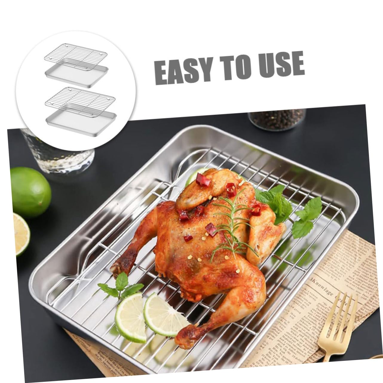 Juego 2 Bandejas Para Hornear Con Rejilla De Acero Inoxidable 430 210 Acero Inoxidable Resistente Para Cocinar y Enfriar, Uso Horno Para Pan, Pasteles, Galletas, Tamaño Compacto