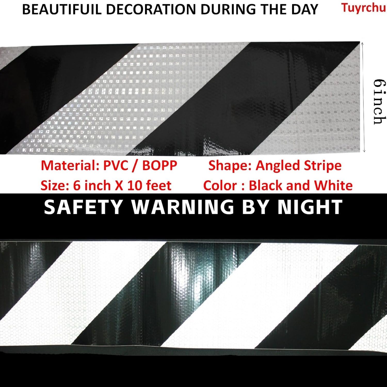 Black White Reflective Tape 6 inch X 10 feet, Outdoor Waterproof Hazard Conspicuity Warning Industrial Marking Tape