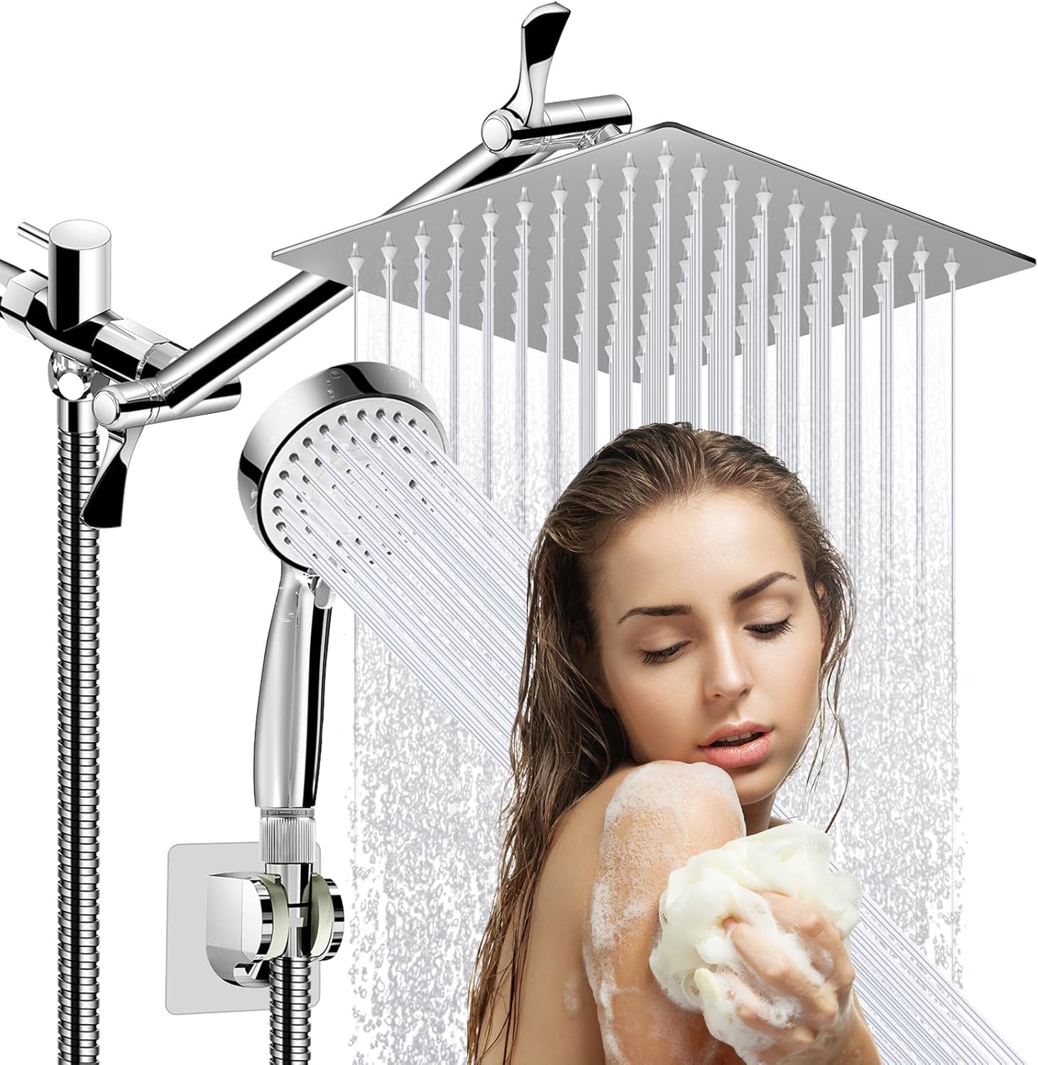 High Pressure Rainfall Shower Head, Rain Head with Height/Angle Adjustable Extension Arm and Handheld Combo, Koeka Flow Stainless Steel Powerful Spray Long Hose