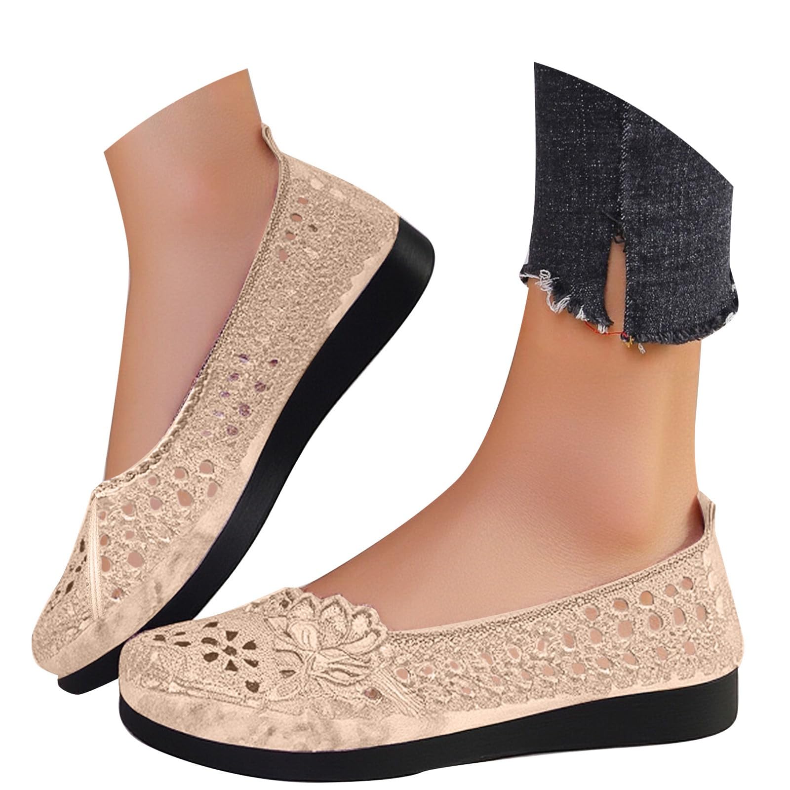 Women's Breathable Mesh Cutout Ballet Flat Loafers Comfortable Casual Slip On Walking Shoes for Daily Wear 2PCS (Beige, 6)