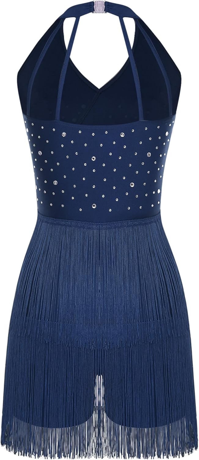 Women's Tiered Tassel Latin Dance Dress Sleeveless V Neck Sparkly Jazz Dance Dress for Performance