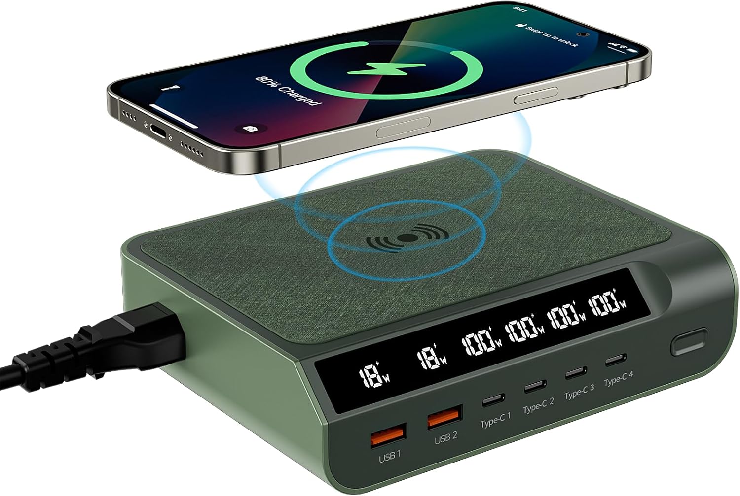 Compact 240W USB C GaN Charger - 6 Ports With Digital Display Screen, Fast Charging Multi-Port Station for Phones, Tablets, Laptops (Dark Green)