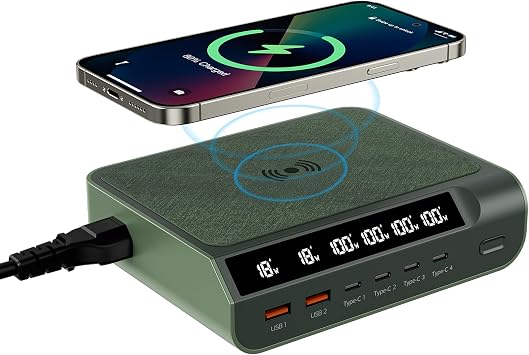 Compact 240W USB C GaN Charger - 6 Ports With Digital Display Screen, Fast Charging Multi-Port Station for Phones, Tablets, Laptops Dark Green