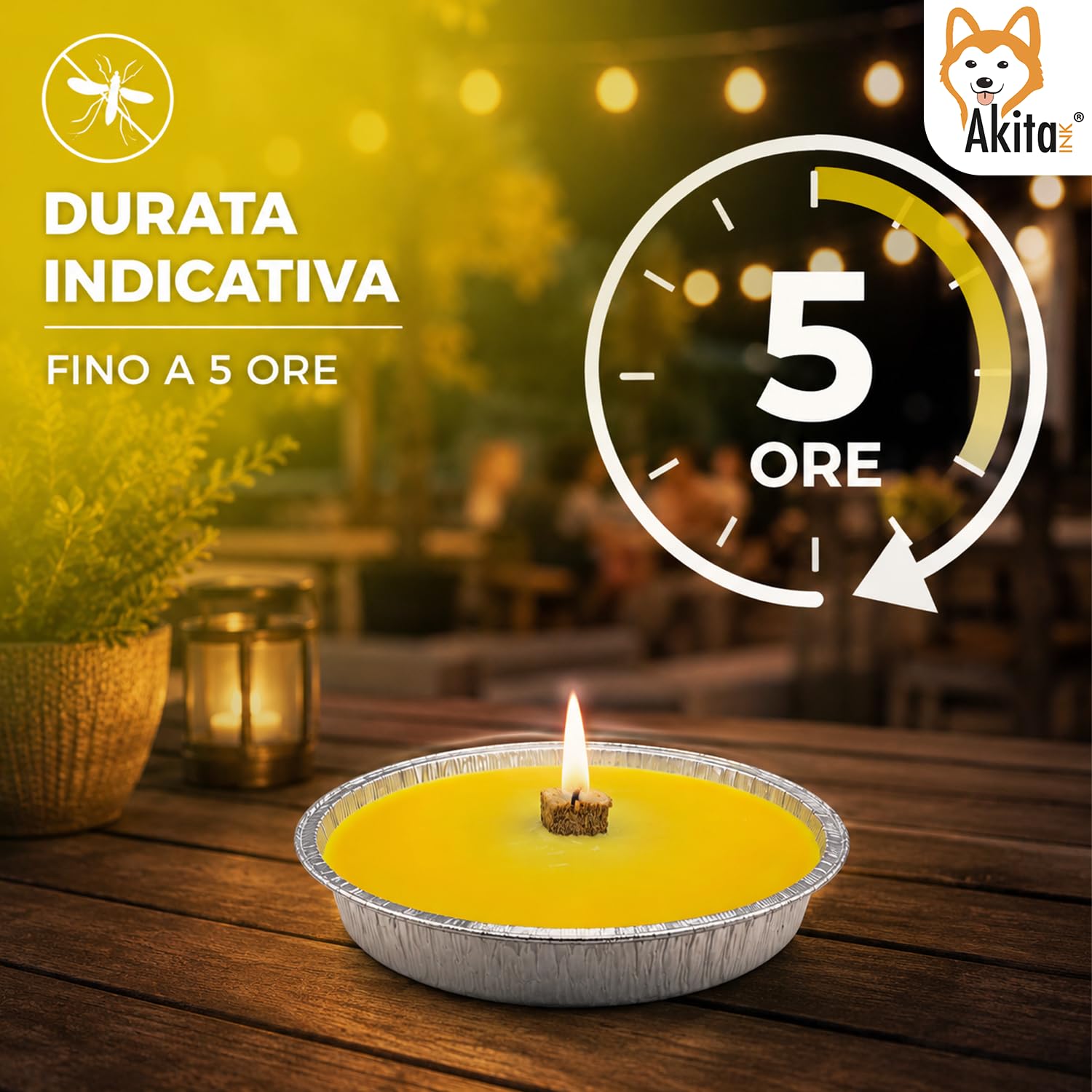 Akitaink Candele Citronella Antizanzare Esterno, Set da 5 Pezzi | Fiaccole Ø 14 cm, Ciotola di Alluminio, Disponibili in Set da 5 o 10