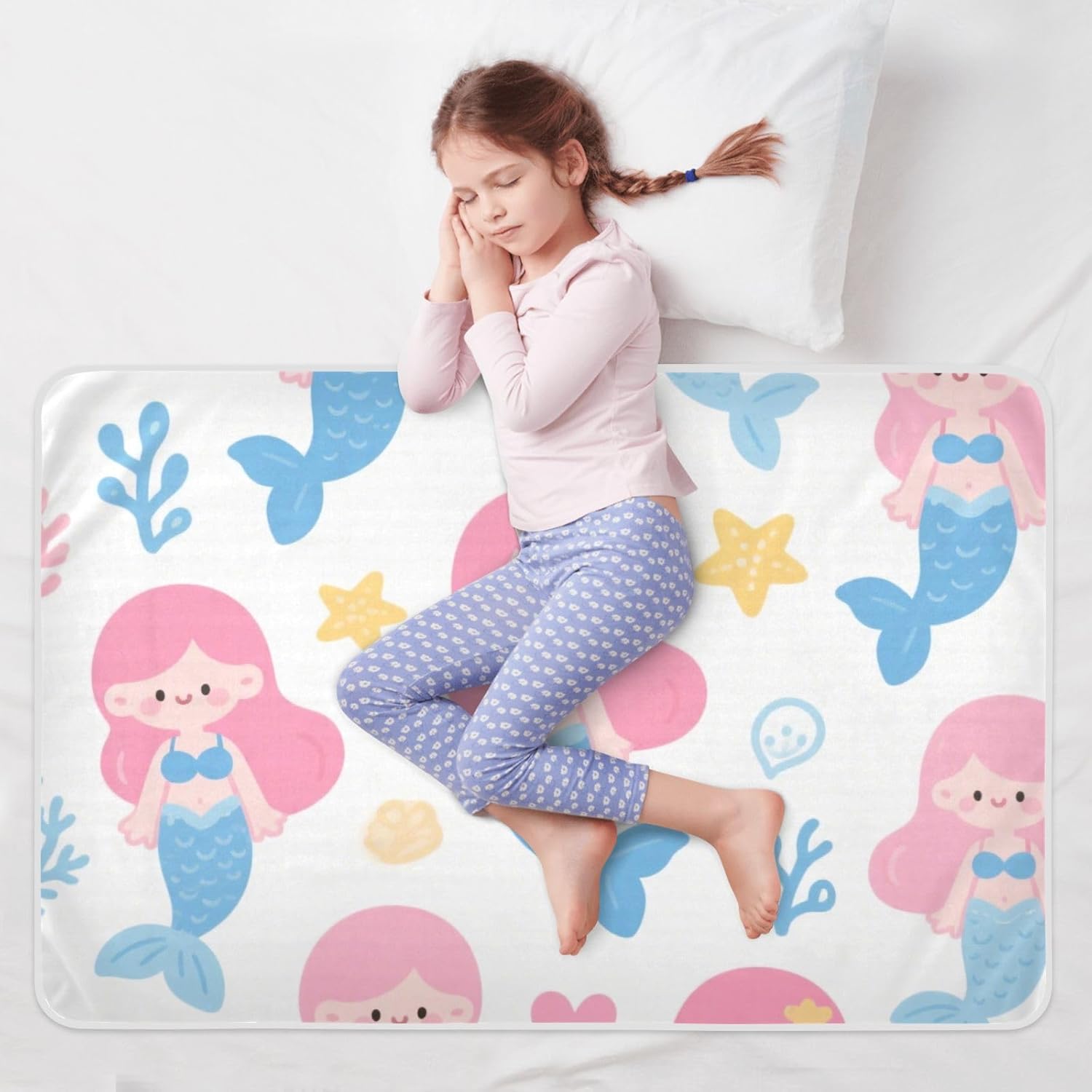 Cute Cartoon Blue Mermaid Extra Large Resuable Toddler Mattress Pads Water Resistant Potty Training Mattress Pad Slip-Resistant Toddler Bedding Products for Children Adults Pets , 52" L x 34" W