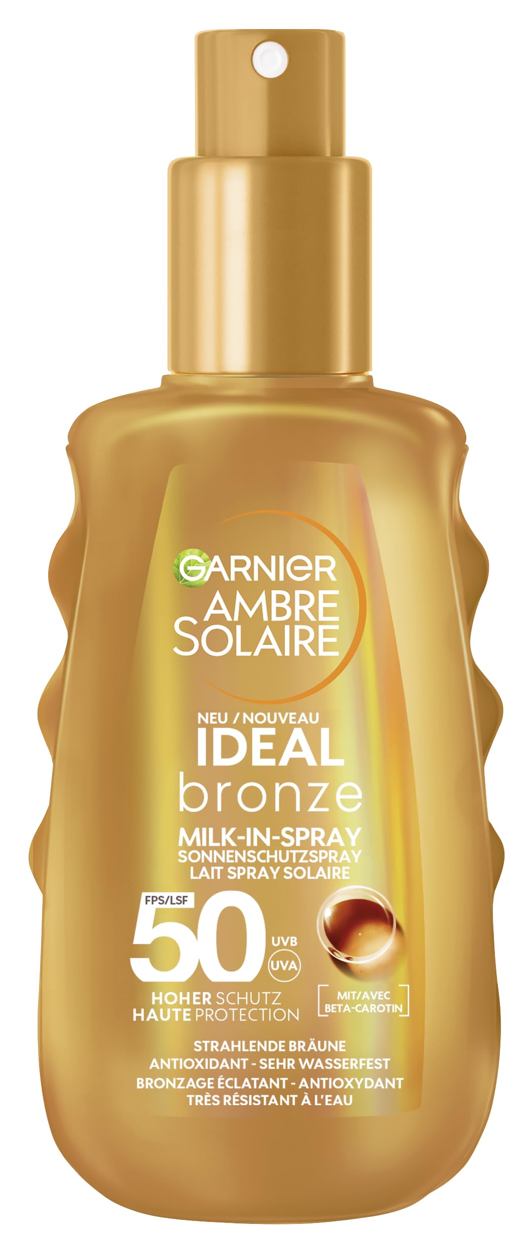 Garnier UV-Sonnenschutzspray für eine strahlende Bräune, Sehr hoher Sonnenschutz mit LSF 50, Wasserfest, Ambre Solaire Ideal Bronze Milk-in-Spray, 1 x 150 ml