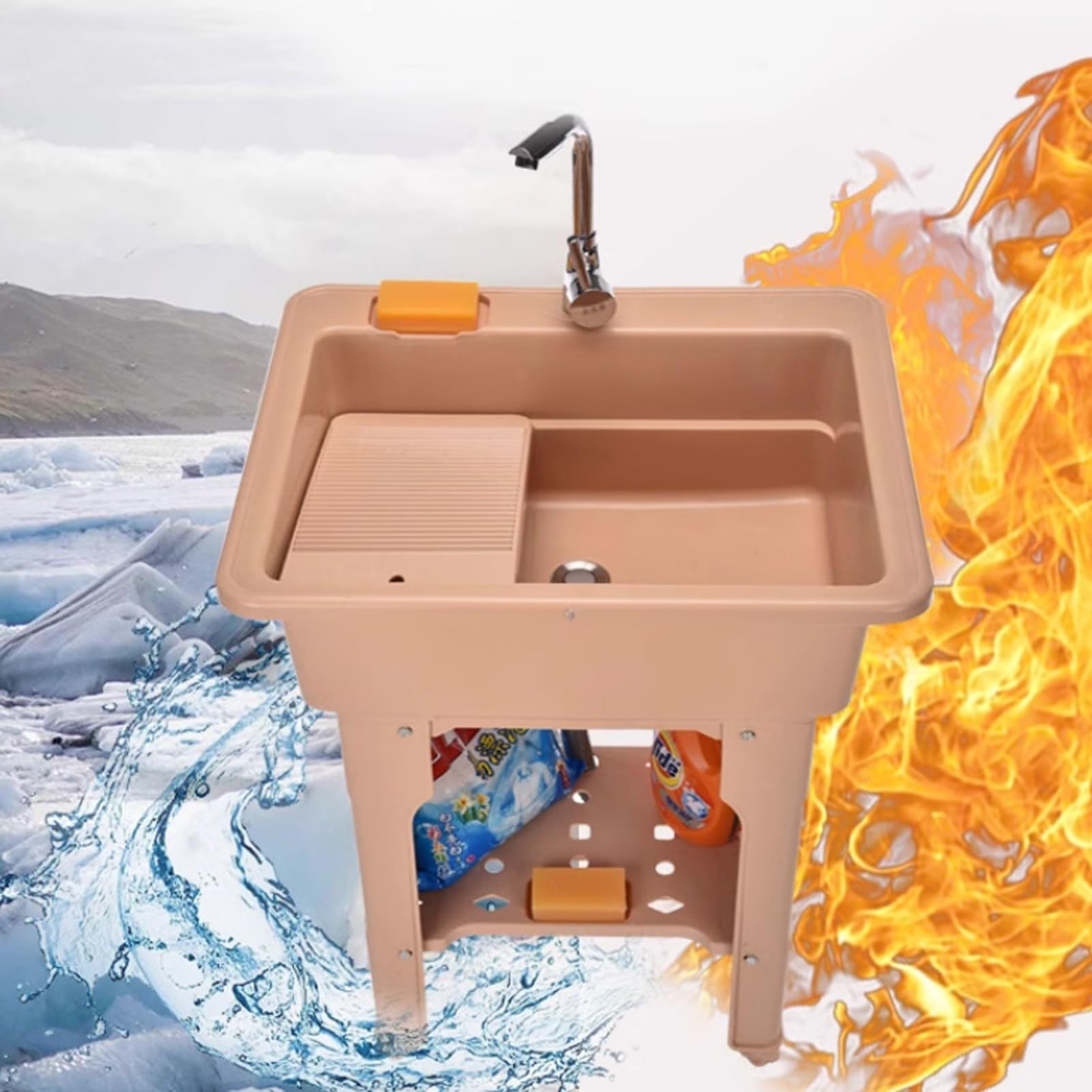 TAXXII Freestanding Plastic Laundry Tub Sink with Washboard, Outdoor Utility Basin Hose Hook-Up for Garage & Backyard, Brown 65x56x85cm - Ideal Room Garden