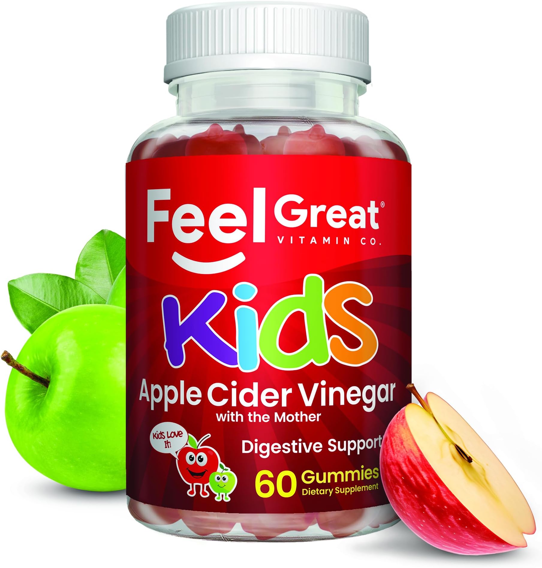 Feel Great Apple Cider Vinegar Gummies for Kids | Rich in Digestive Enzymes & Natural Antioxidants for Gut Health | Vegan Gummy Supports Healthy Nutrient Absorption | 60 Day Supply