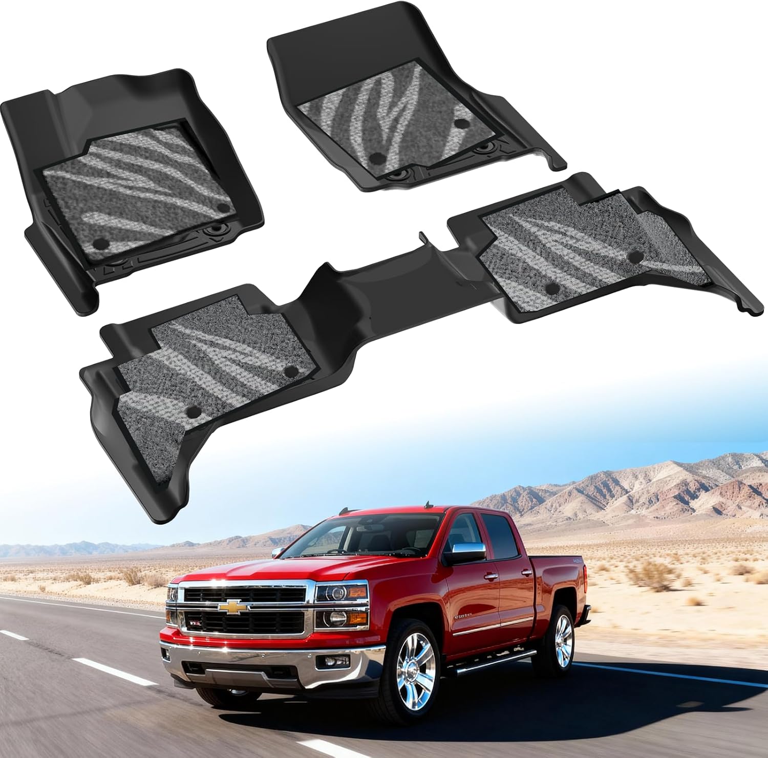 Car Mats for Chevy Silverado 1500 (2019-2025 2026) & GMC Sierra 2500/3500 HD Crew Cab (2020-2026), Gray Bling Carpet + TPE Floor Liners (7PCS), Custom Fit Automative Liners, Glitter Car Accessories