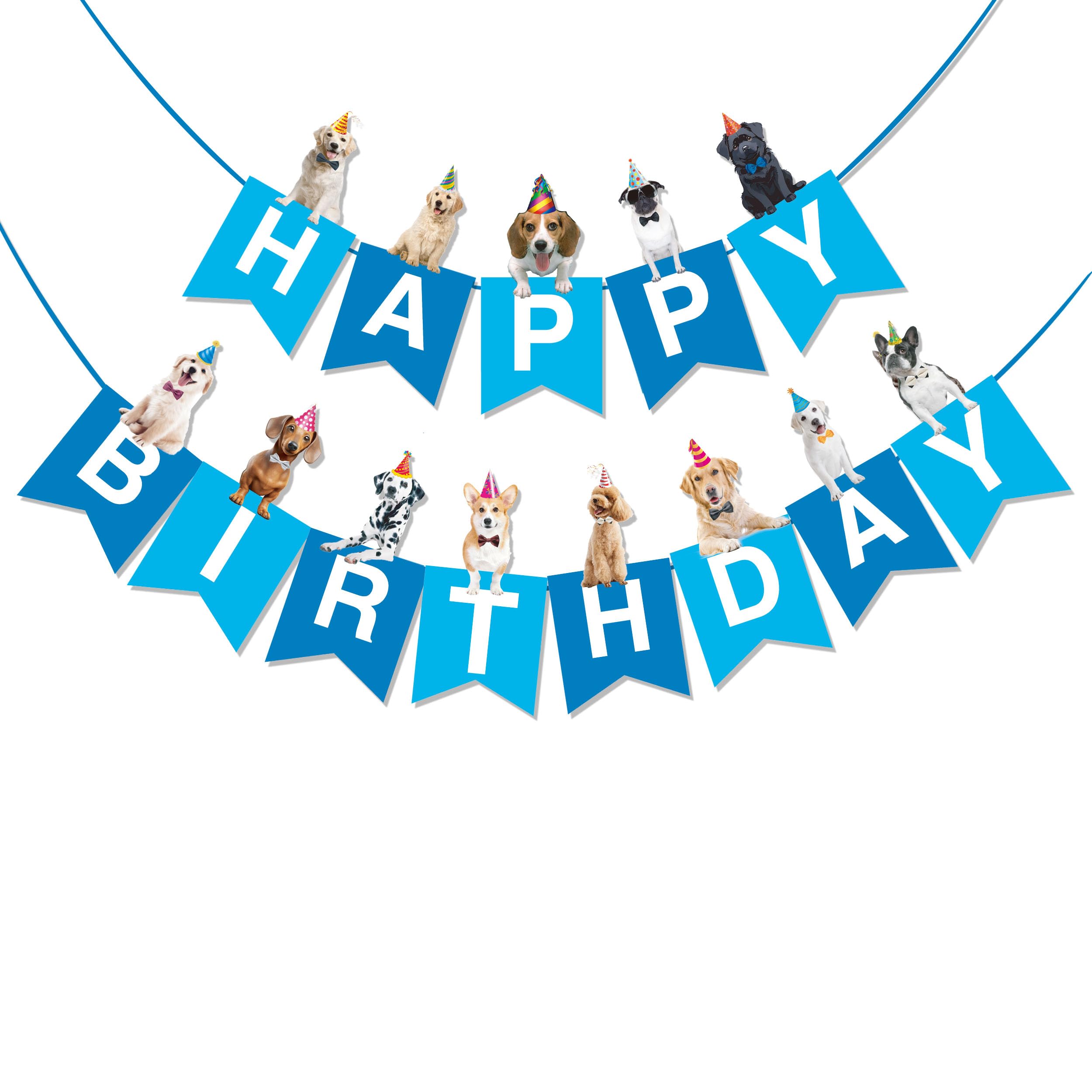 BRUBAKER Happy Birthday Garland with Dogs - Birthday Decoration Pennant Chain - Animal Party Banner Decoration - Birthday Decoration Garland for Birthday Table and Birthday Party – Blue