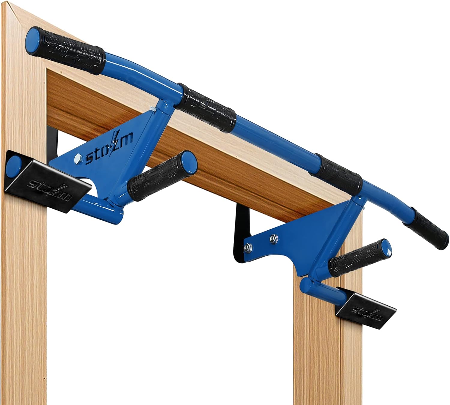 STOZM MultiEx Chin Up Bar – Doorway Chin Up Bar with Multiple Color Options, Push Up Capability, TPE-Protected Grip Positions, Smart Locking Mechanism and 450lbs Weight Capacity Sharp Blue