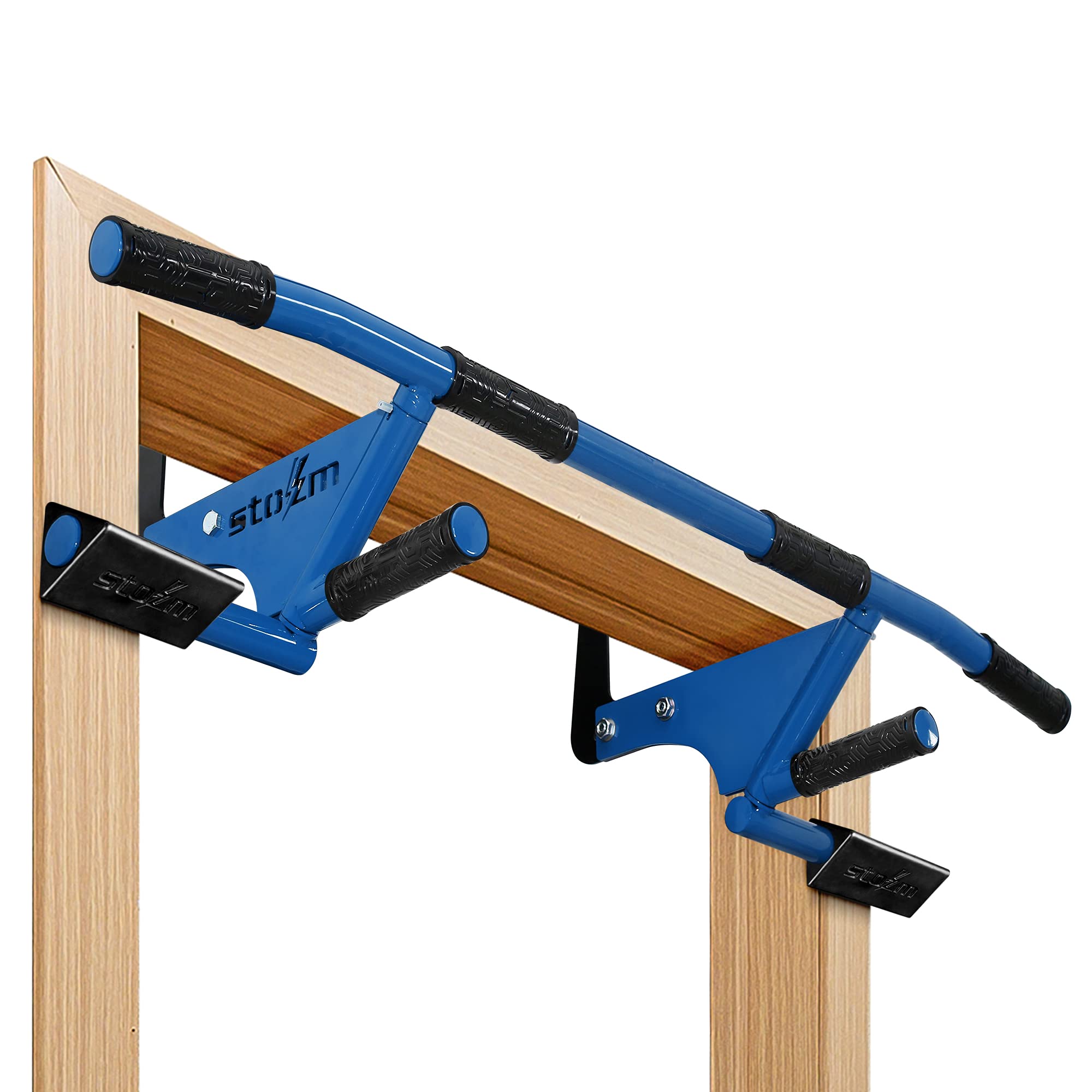 STOZM MultiEx Chin Up Bar – Unique Doorway Pull Up Bar for Home Gym Exercises with 450lbs Weight Capacity, Push Up Capability and TPE-Protected Grips (Sharp Blue) (SBW2)