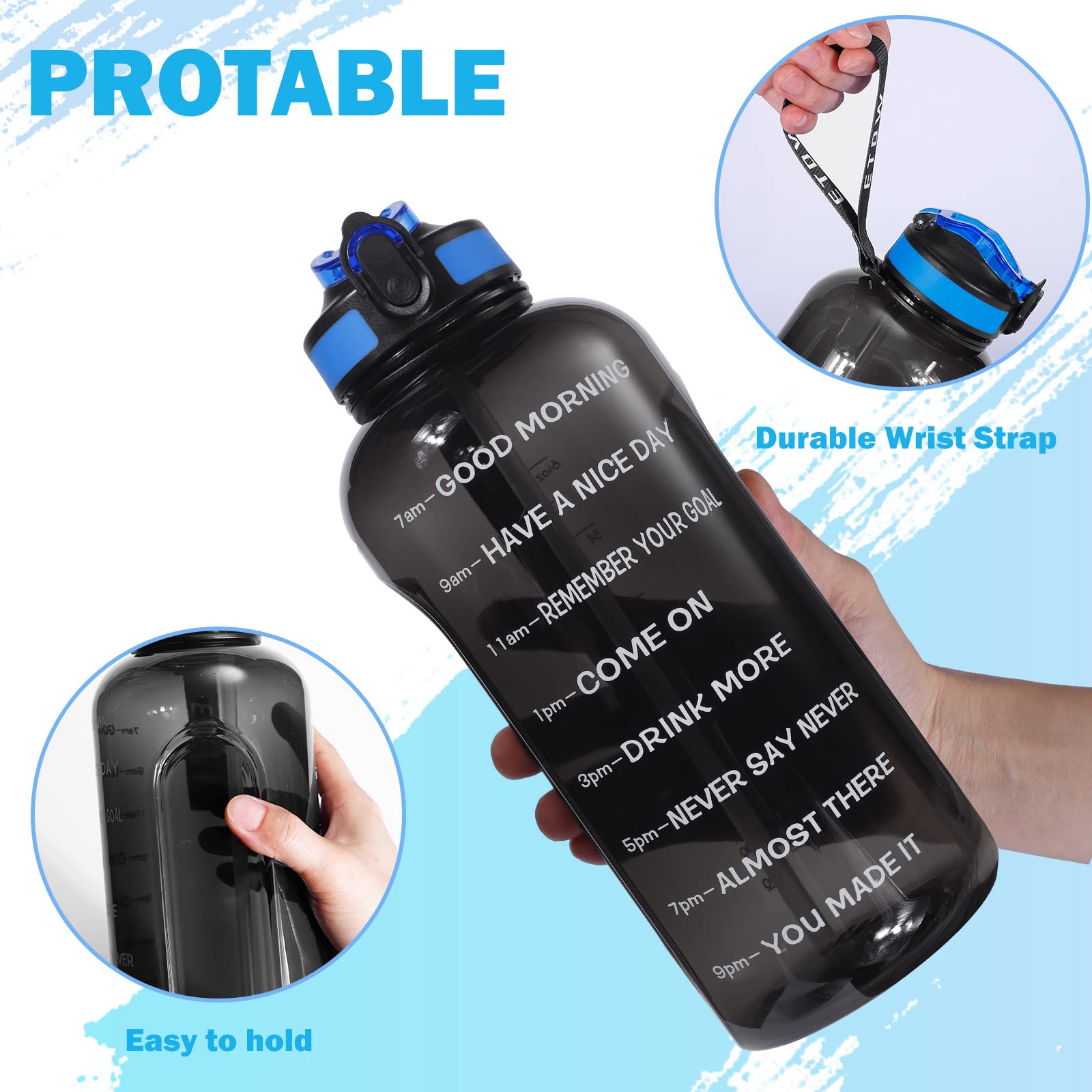 ETDW Bottiglia Acqua 2 Litro [Senza BPA Tritan], 2L Borraccia Sportiva con Cannuccia a Prova di Perdita, Motivazionale Borraccia con Marcatori di Tempo per Palestra, Campeggio, Yoga, Picnic Nero