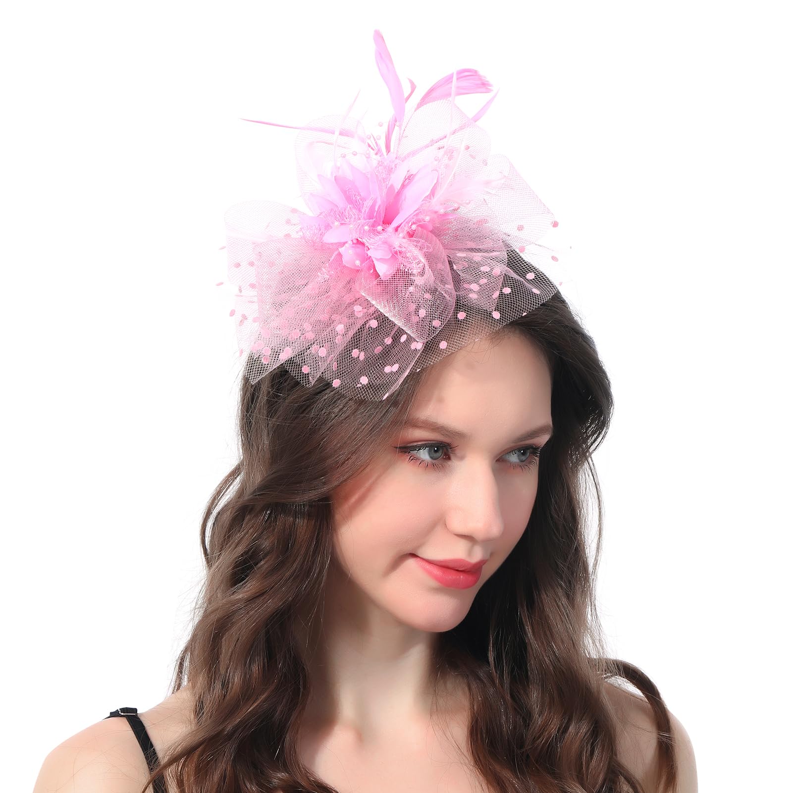 LadieryWomen Fascinators Hat for Wedding Mesh Flower Feather Beads Kentucky Derby Hats with Headband and Clip for Girls Tea Party