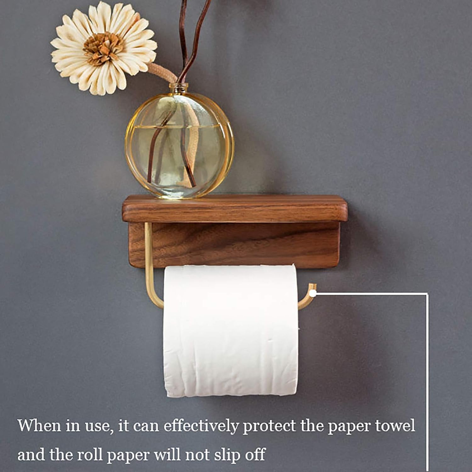 Portarrollos de papel higiénico adhesivo de nogal negro para montaje en pared, sin perforaciones, latón para baño y cocina