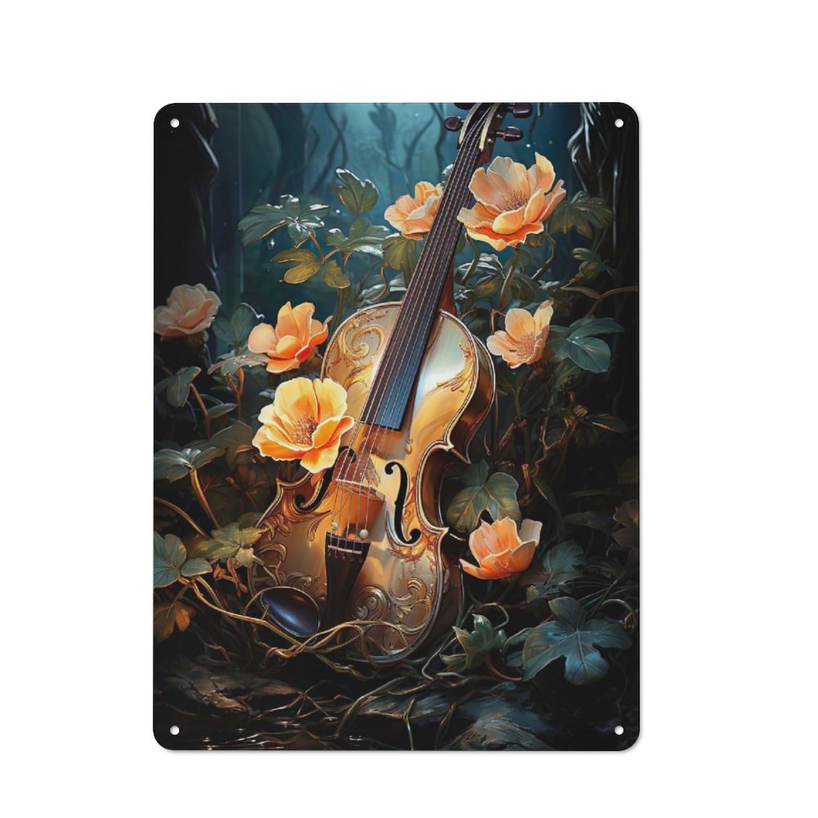 Violin in Flowers Retro-style Metal Sign 40x30cm for Guest Room Or Hallway, for Hallway Wall Decor Fans