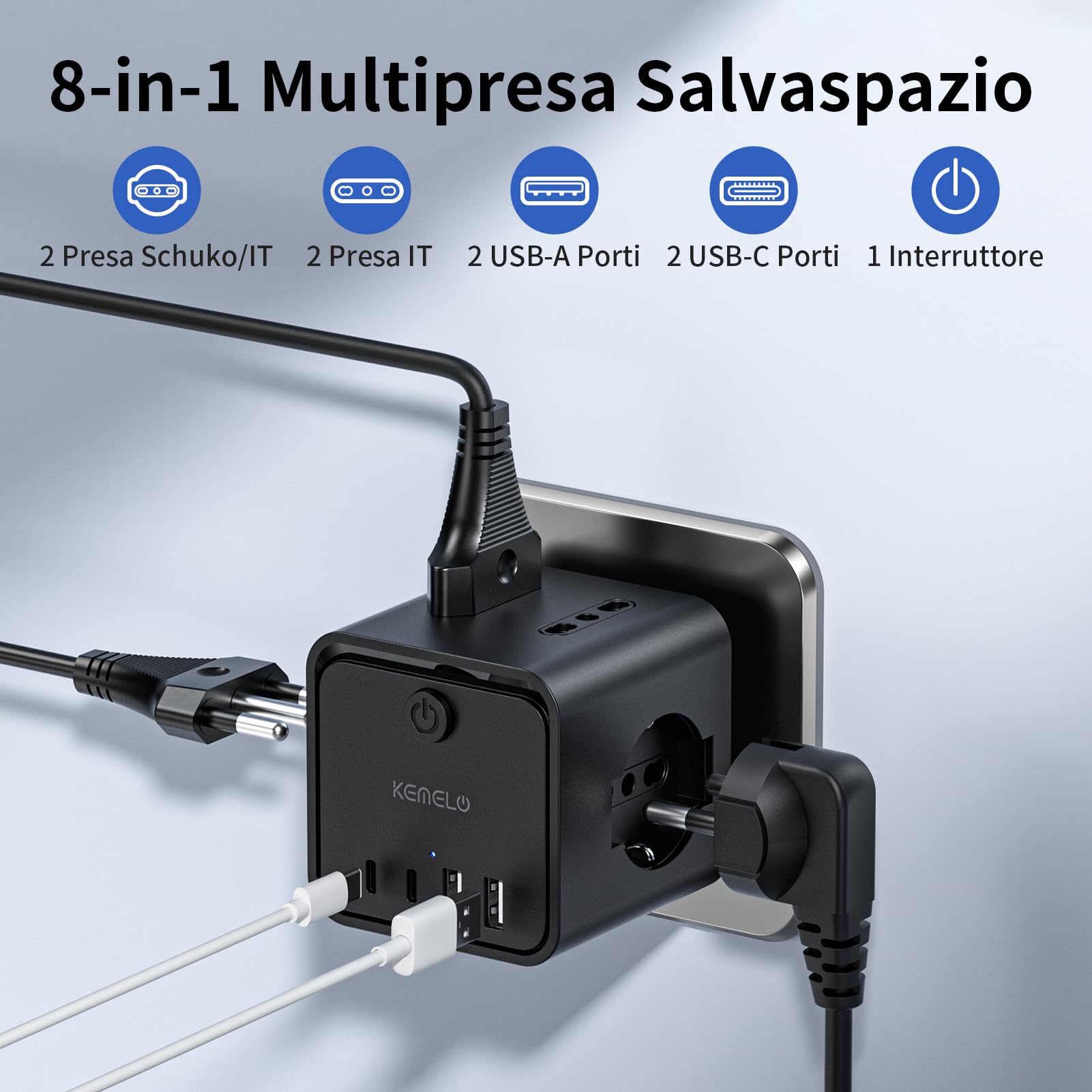 Ciabatta Elettrica Multipresa con 4 Prese Universali 10/16A ITA e Schuko, Ciabatta Multipresa con 2 USB A+2 USB C,Presa Multipla Spina Piatta Salvaspazio con Interruttori per Casa, Ufficio Nero
