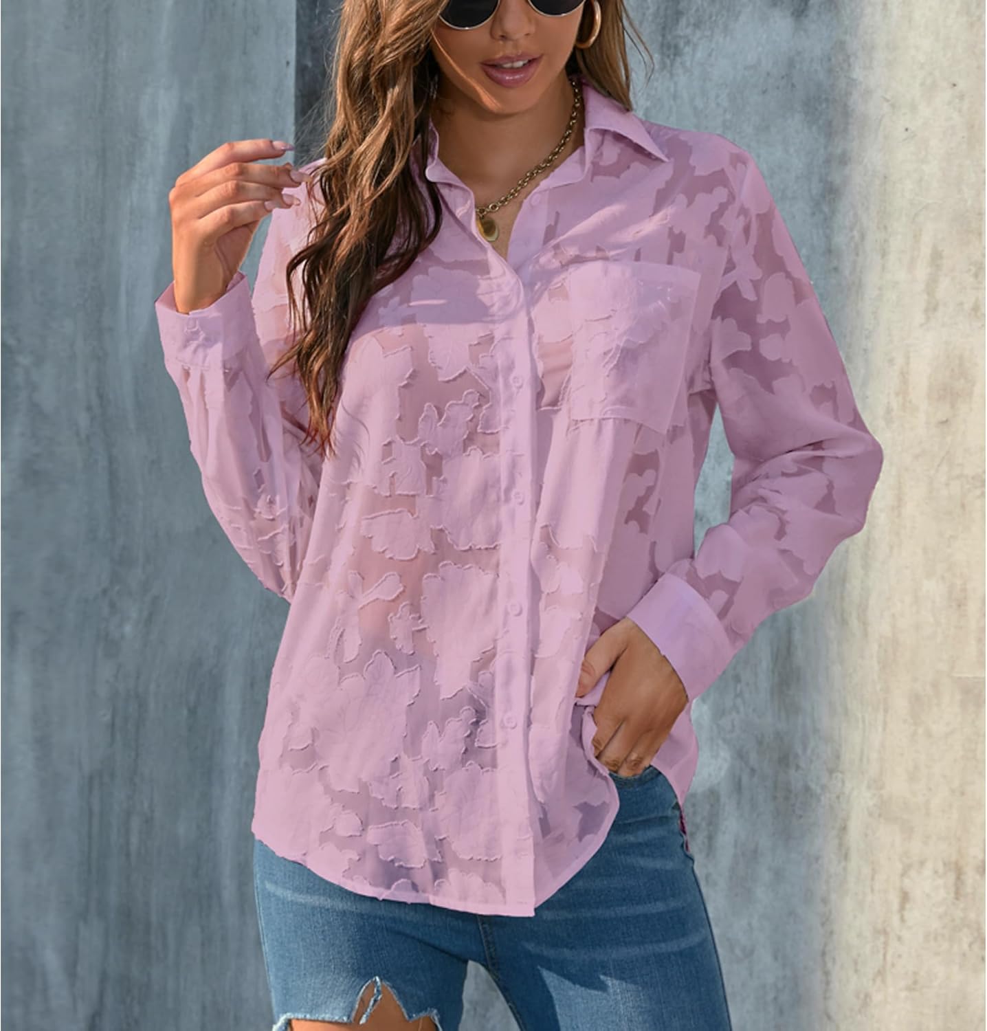 Sunshine swing Women's White Elegant Sexy See Through Blouse Shirt Long Sleeve Jacquard Turn-Down Button Down Shirt Top - Image 3