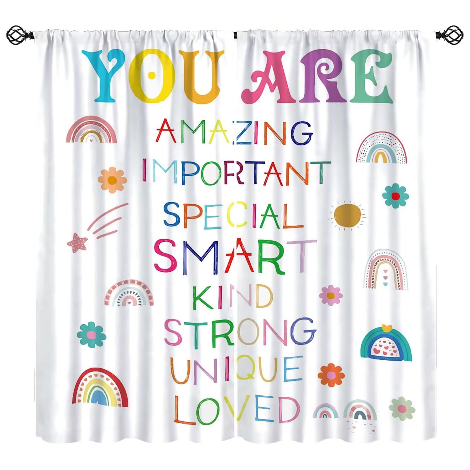 Moderw Boho Rainbow Curtains Kids Motivational Positive Words Blackout Window Treatments Cartoon Colorful Cute Star Clouds Drapes for Boys Girls Bedroom Living Room Classroom W55xL63in