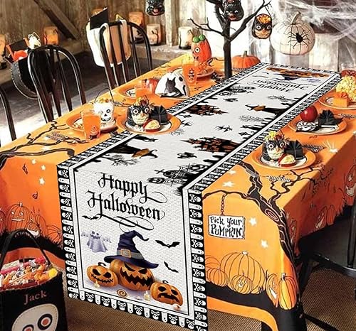 Miniatura 3 de Camino de mesa de Halloween, castillo de calabaza, pintura de feliz Halloween, decoración de mesa para interiores, calabaza beige en sombrero de