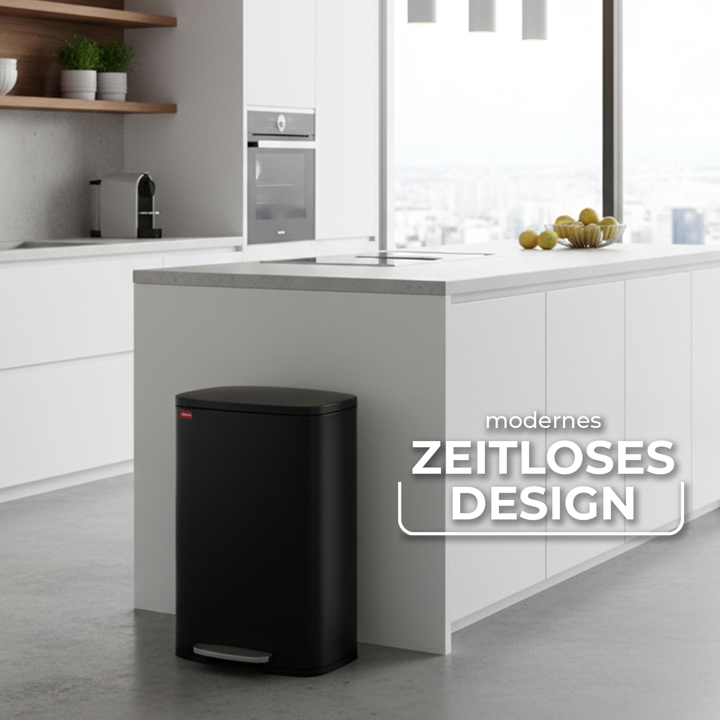 Vileda Mülleimer 50L Edelstahl Schwarz - Treteimer mit Deckel - Abfalleimer 50L mit Soft-Close und 90 Grad Öffnung - Mülleimer Küche 50L
