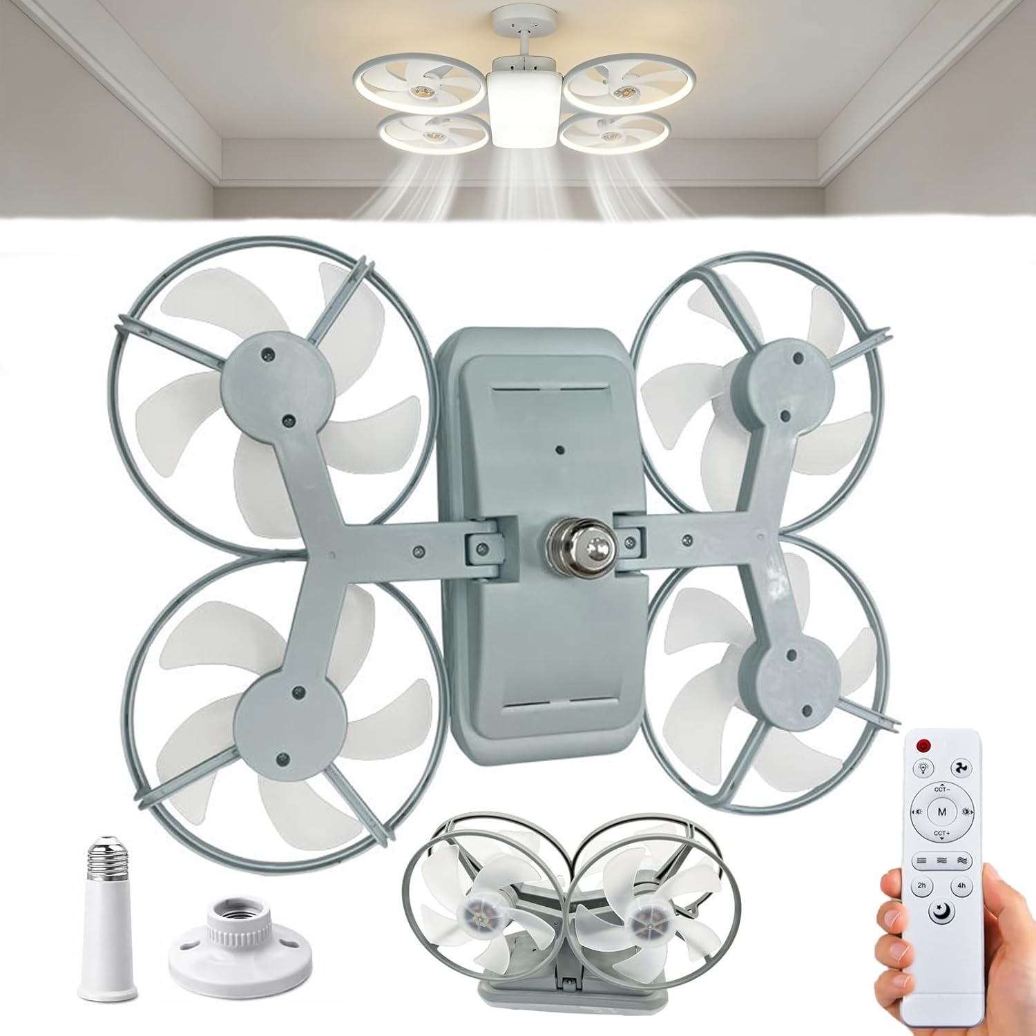 Drone-Style LED Ceiling Fan Light, Modern Lighting & Airflow in One, LED Ceiling Fan Light with Three Adjustable Color Modes, E27 Lamp Socket, Remote Control, Extension Rod, for Home Office (White)