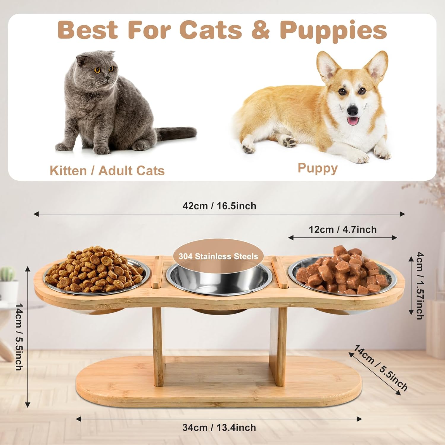 elevated cat bowls - 3 stainless steel cat bowls with 15° tilted bamboo stand for indoor cats, small dogs and puppy