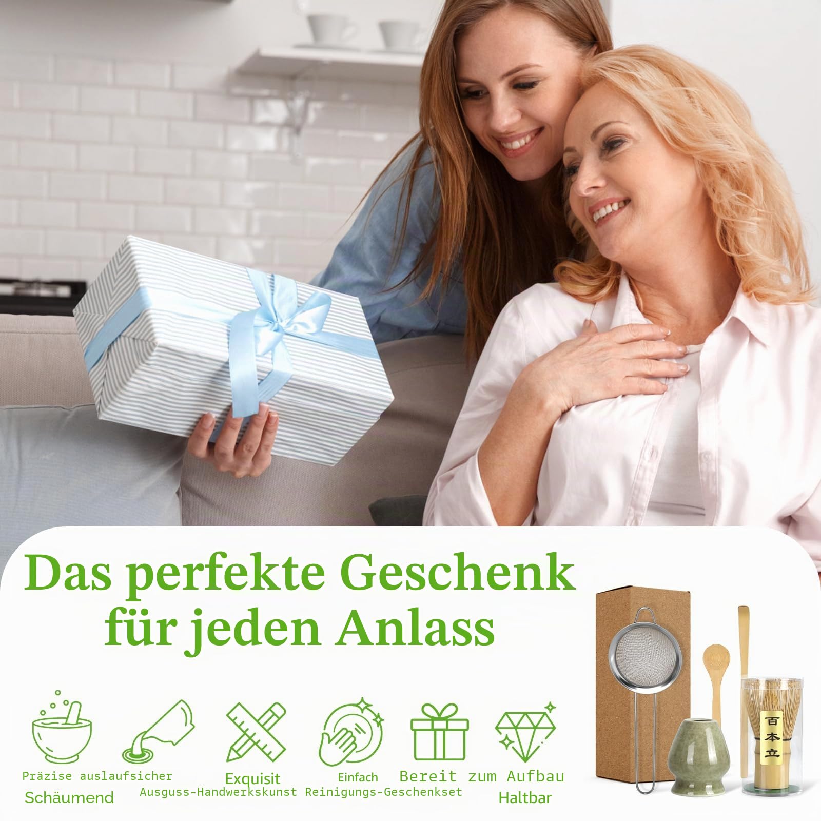 Matcha Schneebesen Set, 5 Stück mit Bambus Matcha Schneebesen, Keramik Chasen Halter, Pulver Starter Sieb, Bambus Schaufel, Löffel, Matcha Tee Herstellung Werkzeuge für Starter Matcha Liebhaber