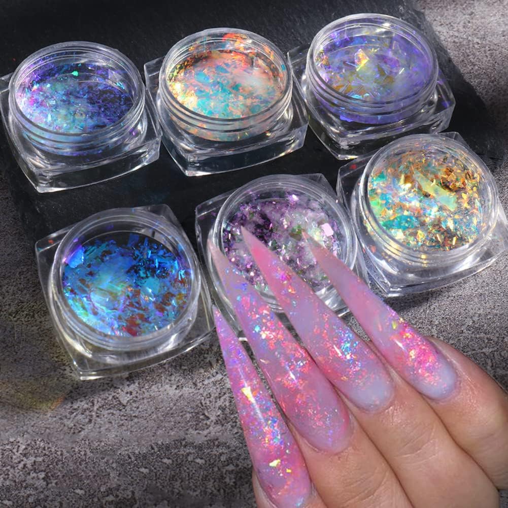 Holographic Opal Nail Art Glitter Flakes Powder Aurora Iridescent Pigment Ice Crystal Mermaid Paillettes Sparkly Sequins Design for Manicure Decoration Accessories 12 Grids