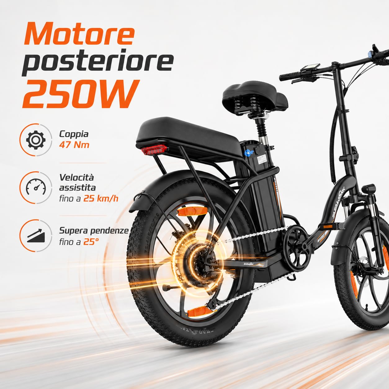 Bicicletta Elettrica Pieghevole 20x3.0, Motore 250W Coppia 47NM, Batteria 48V 16Ah, Velocità Max 25km/h, Autonomia 50-100KM, 7 Marce, Ammortizzatore a Molla e Freni a Disco Meccanici Urbana
