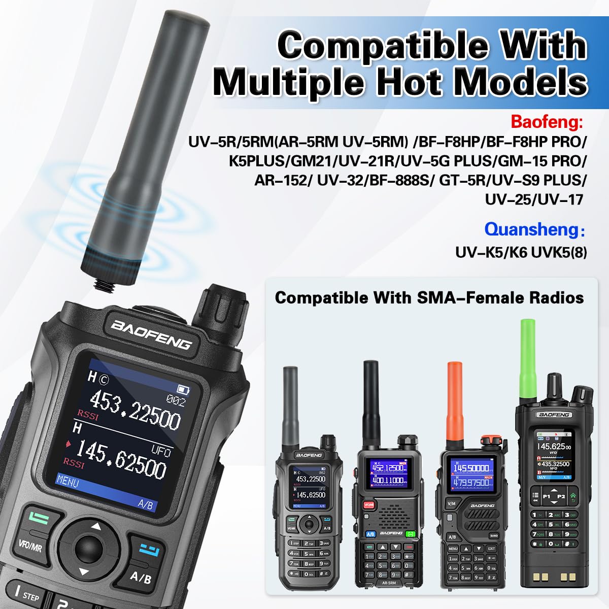 ABBREE Ham Radio Antenna Mini Short Walkie Talkie SF-20 SMA- Female 2.76 inch Dual Band Long Range Antenna for Baofeng UV5R 5RM BF-F8HP PRO,K5 Plus,UV-32,UV-21R,GM21,UV-K5 Two Way Radio(Grey,2Pack)