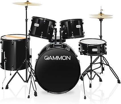 Full Size Complete Adult 5-Piece Drum Set with Cymbals, Stands, Stool, and Sticks - Black