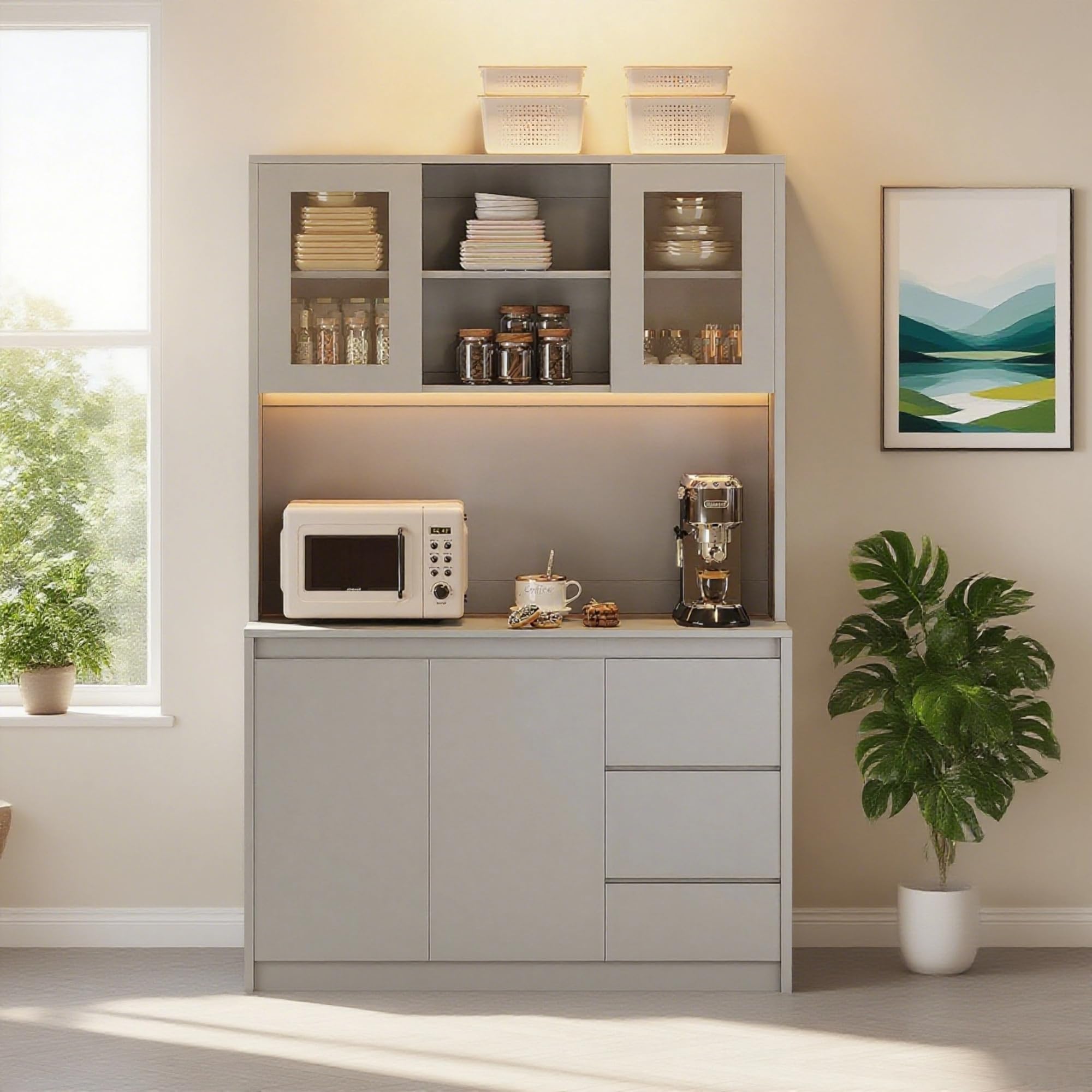 Garvee Kitchen Pantry Cabinet,71 in Tall Storage Cabinet with Doors&amp;Shelves Adjustable, Kitchen Storage Hutch with Microwave Shelf, Led Lights&amp;Charging Station,Corner Pantry Cabinet