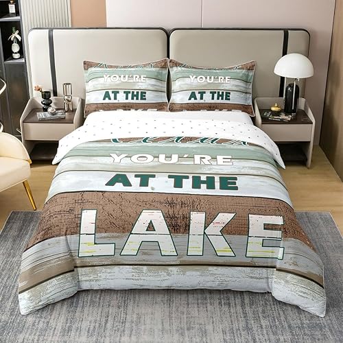 jejeloiu Juego de funda de edredón de 100 % algodón, diseño de reglas del lago, decoración de casa de lago, color verde, tamaño King
