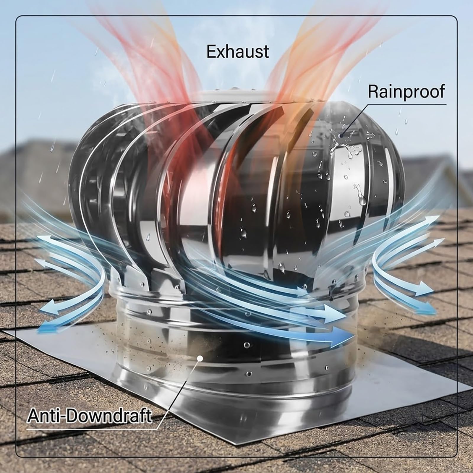 Sombrero de Chimenea De Techo Sombrerete Chimenea Acero Inoxidable 304 | Extractor De Humos Giratorio Campana para Instalaciones Industriales Fábrica Granjas Garaje Extracción Aire 75-500mm(350mm)