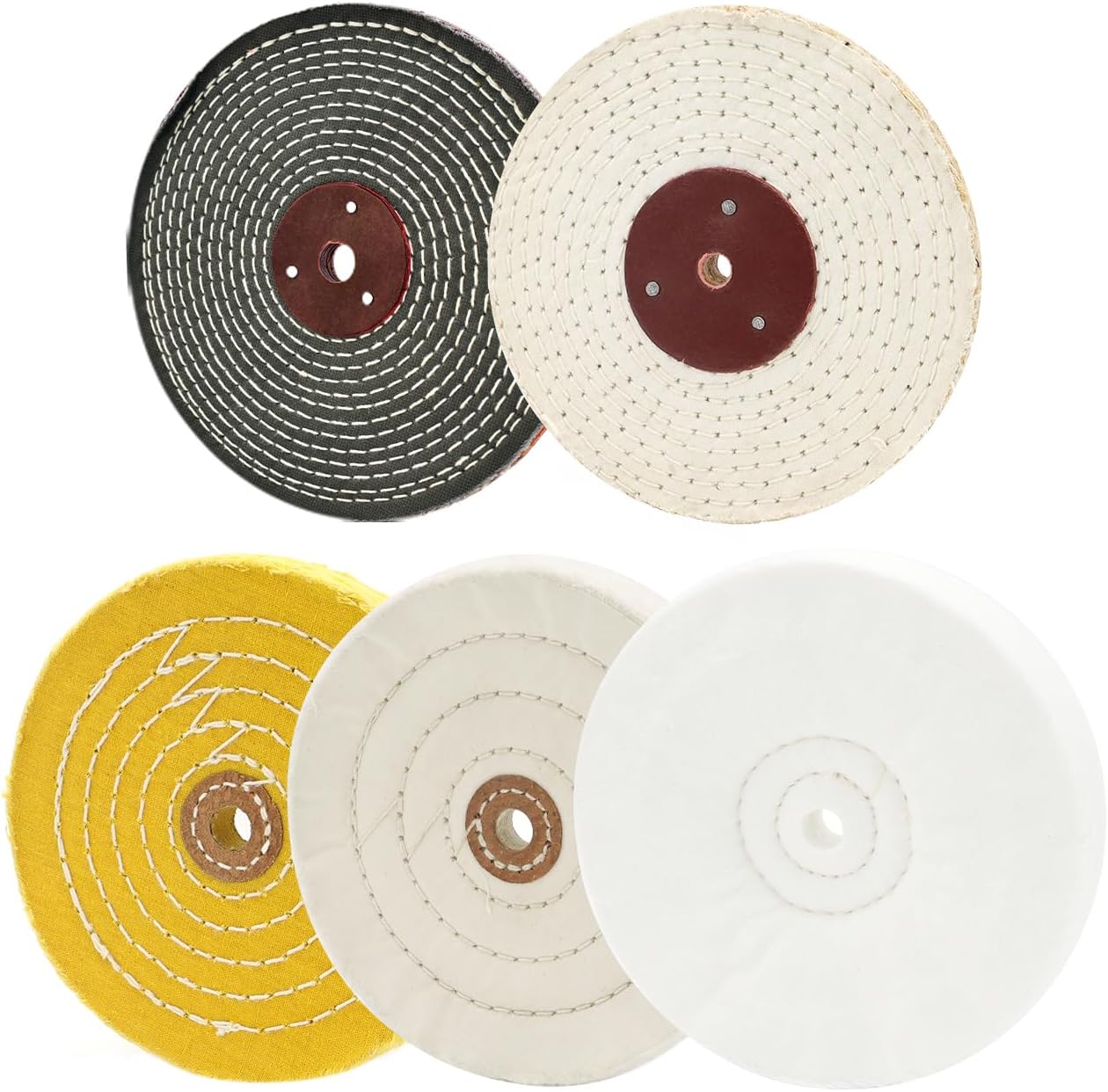 Buffing Polishing Wheels 6in x 1/2in Arbor Soft (30Ply) / Fine (50Ply) / Medium (42Ply) / Coarse (50Ply) / Rough (5Ply) for Bench Grinder - 5pcs