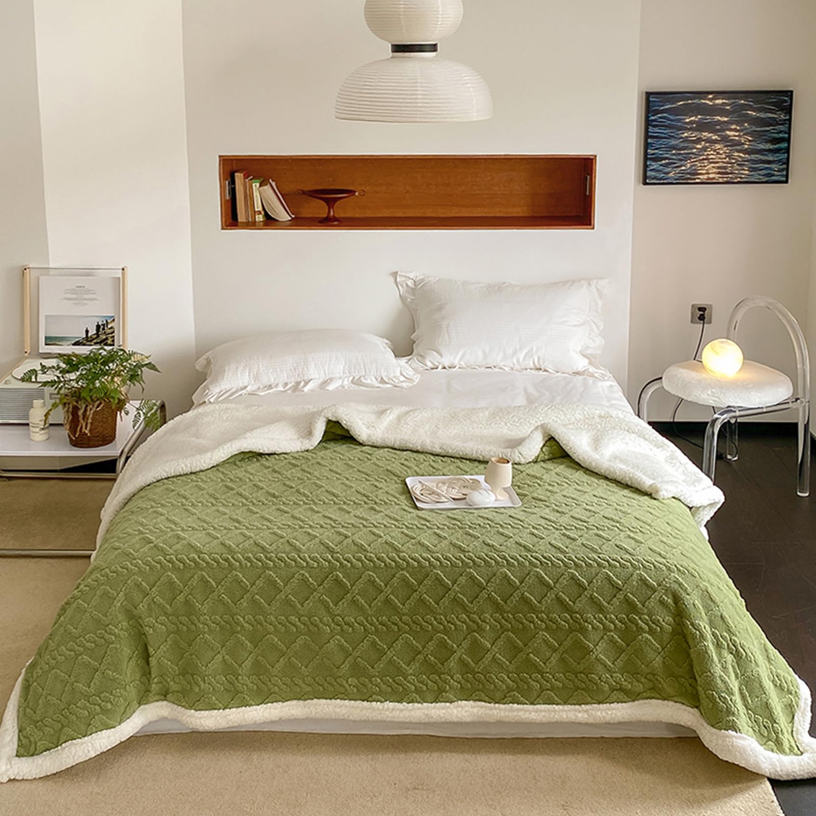 DAYONG King Size Twin Plush Throw Bed Blanket(200 * 230cm), Soft Comfy Reversable Flannel Blanket All Season,Warm and Plush Blanket For Bed Sofa Travel Couch (Tea Green)