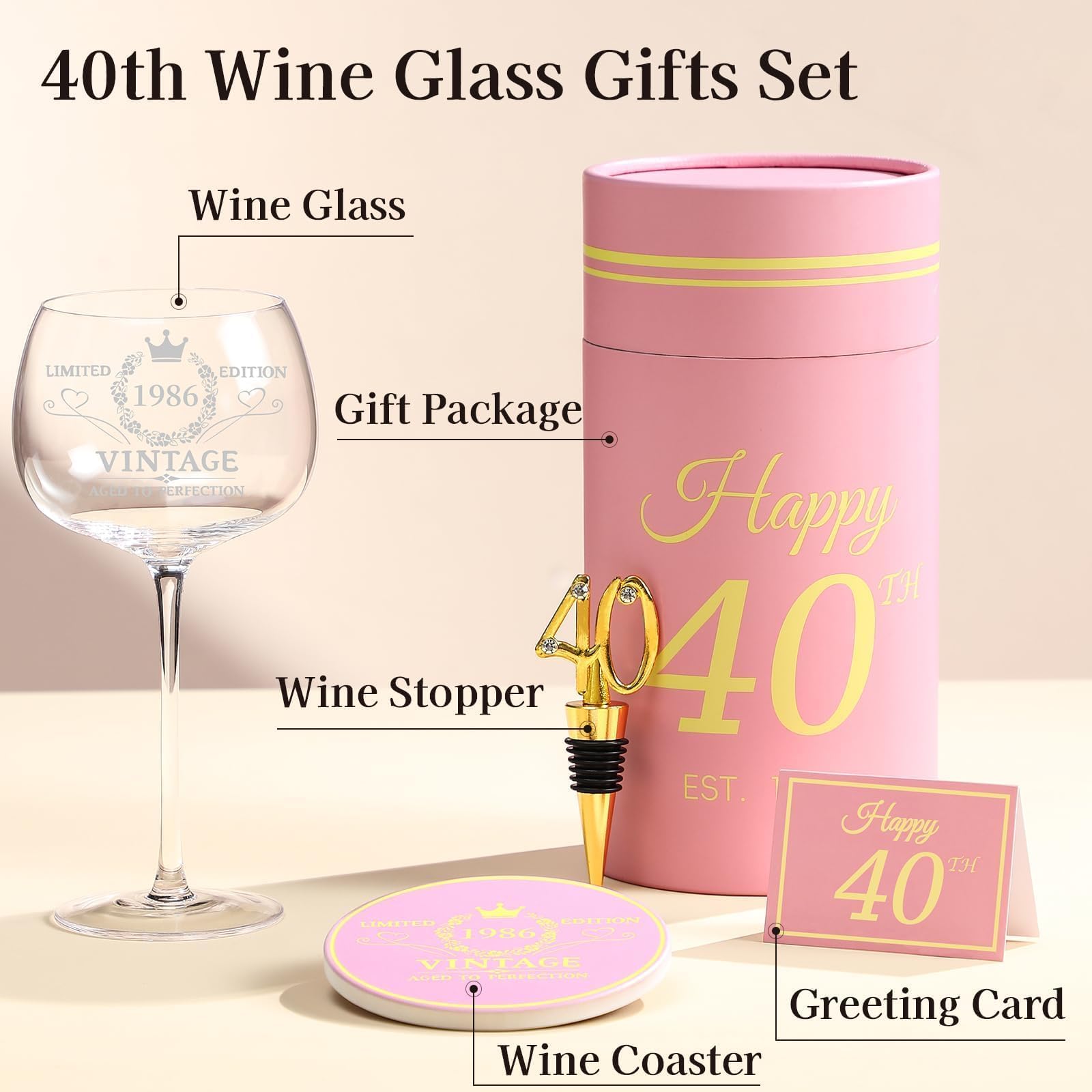 40th Birthday Gifts for Her - Limited Edition Wine Glass Gift Box Set​ - Unique 40th Bday Gifts Ideas for Women, Friends, Sister, Mom, Wife, Daughter - 40 Years Old Gift, Party Decorations Supplies