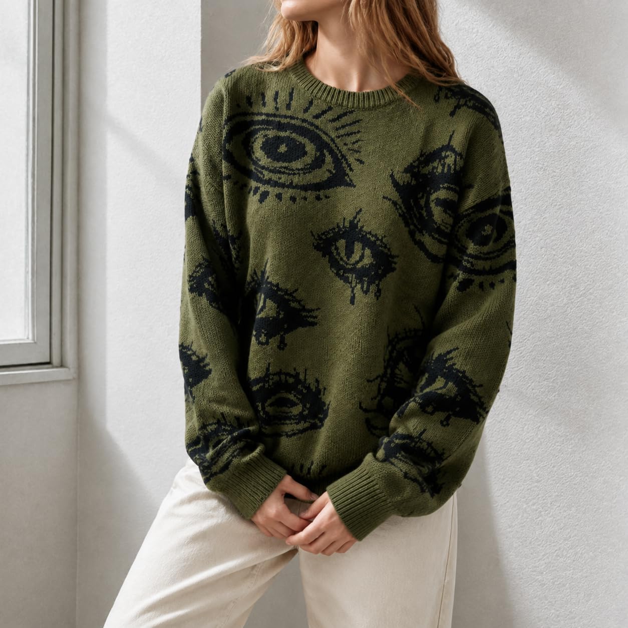 SAND SOUND Women Goth Aesthetic Eye Print Crewneck Knit Sweater