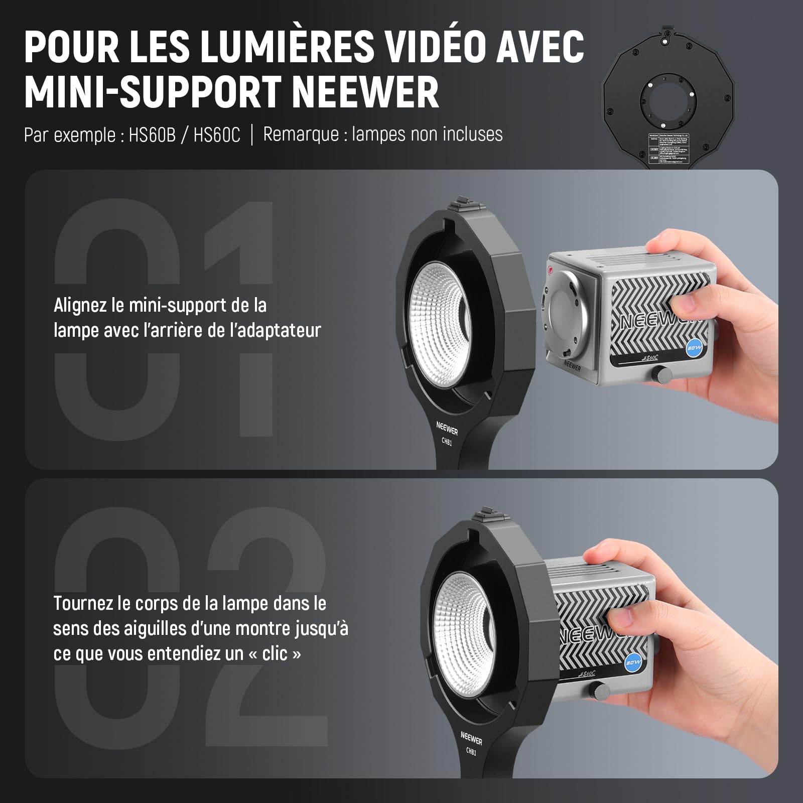 NEEWER Adaptateur de Monture Bowens, Mini Adaptateur de Mont Bowens avec Douille Parapluie, Récepteur 5/8", Inclinaison à 180° Compatible Uniquement avec NEEWER HS60B/HS60C Lampe Vidéo Portable, CHB1
