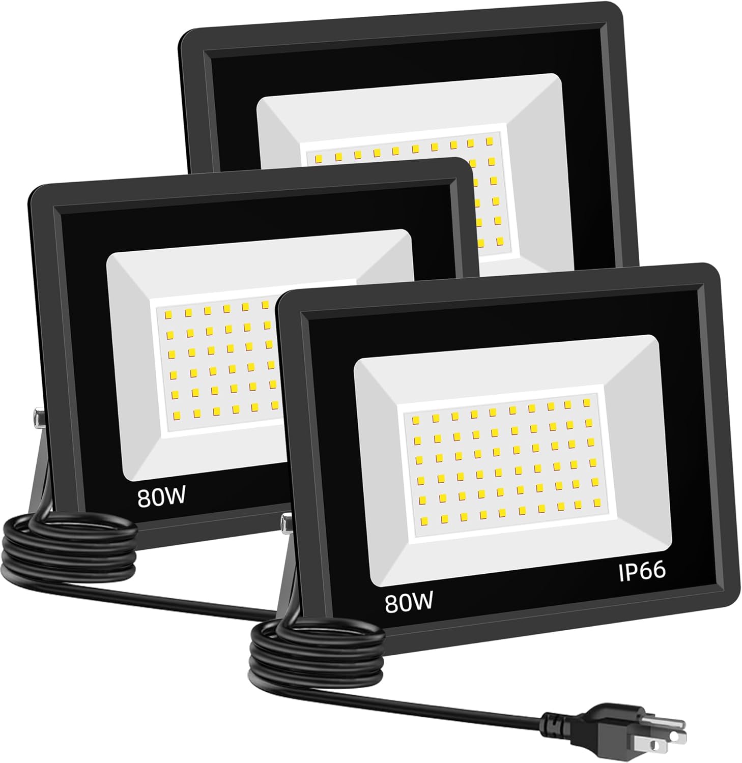 3 Pack 80W LED Warm White Floodlight, 3000K Outside Flood Light with Plug, Ultra Bright 10400LM Outdoor Security Lights, IP66 Waterproof Flood Lights for Yard, Garden, Lawn, Patio