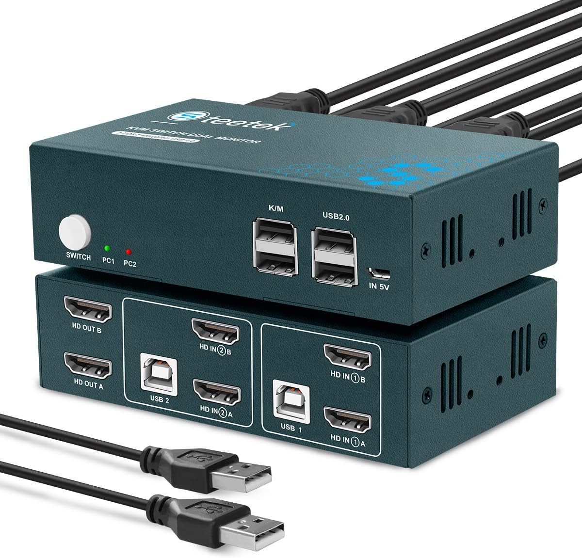 KVM Switch Dual Monitor 2 Port, 4K@60Hz (YUV 4:4:4), 2 USB 2.0, HDMI KVM Extended Display, 2 PCs 2 Screens and 1 Set Keyboard Mouse Free Switch. Hotkey Switch and 4 HDMI and 2 USB Cables