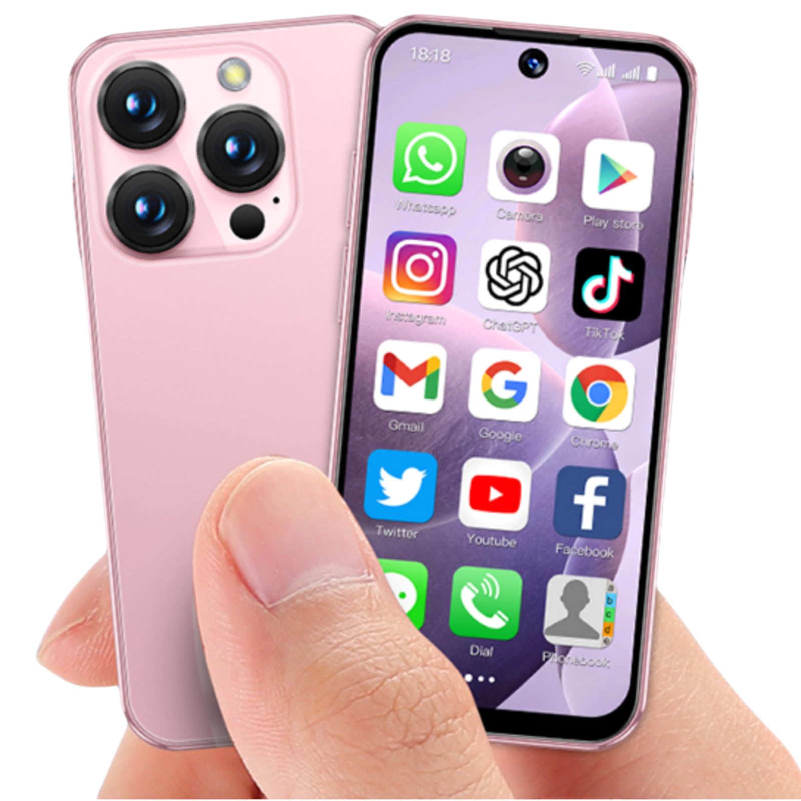 Mini Phone World's Smallest Mini Smartphone with 3.88'' HD Screen Android Unlocked Face ID 2G+16G Quad Core Dual Sim Mobile Phones for Student Best Gift for Kids (Pink)