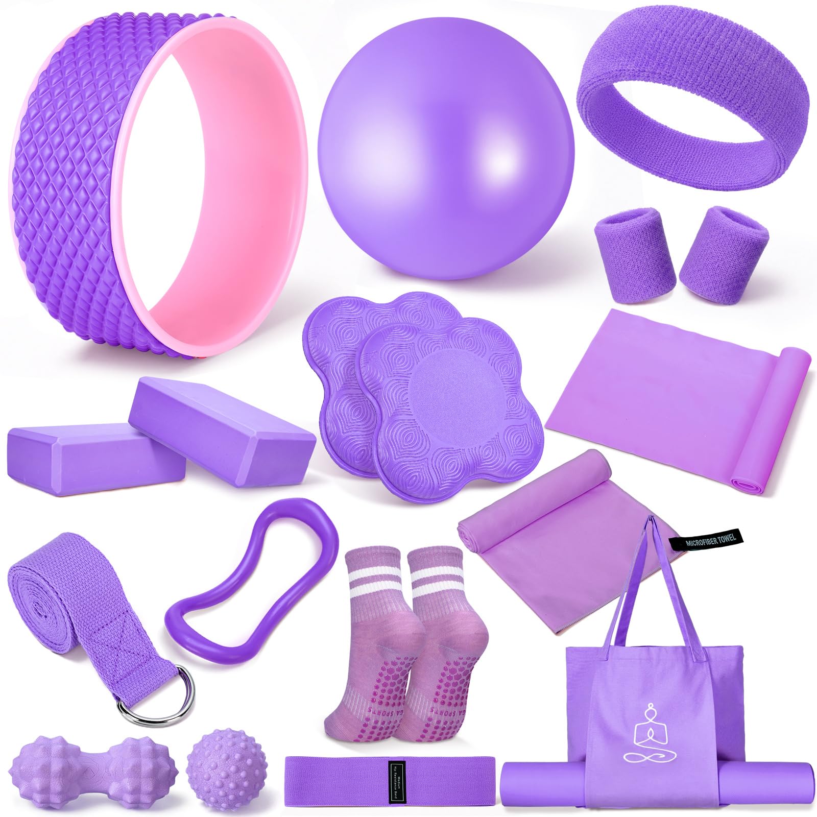 Gemscream 17 Pcs Yoga Essential Kits for Women, Pilates Equipment Sets for Beginners with Yoga Wheel Ball Blocks Strap Resistance Loop Bands Wrist Ring Socks Towel Bag for Home Workouts(Purple)