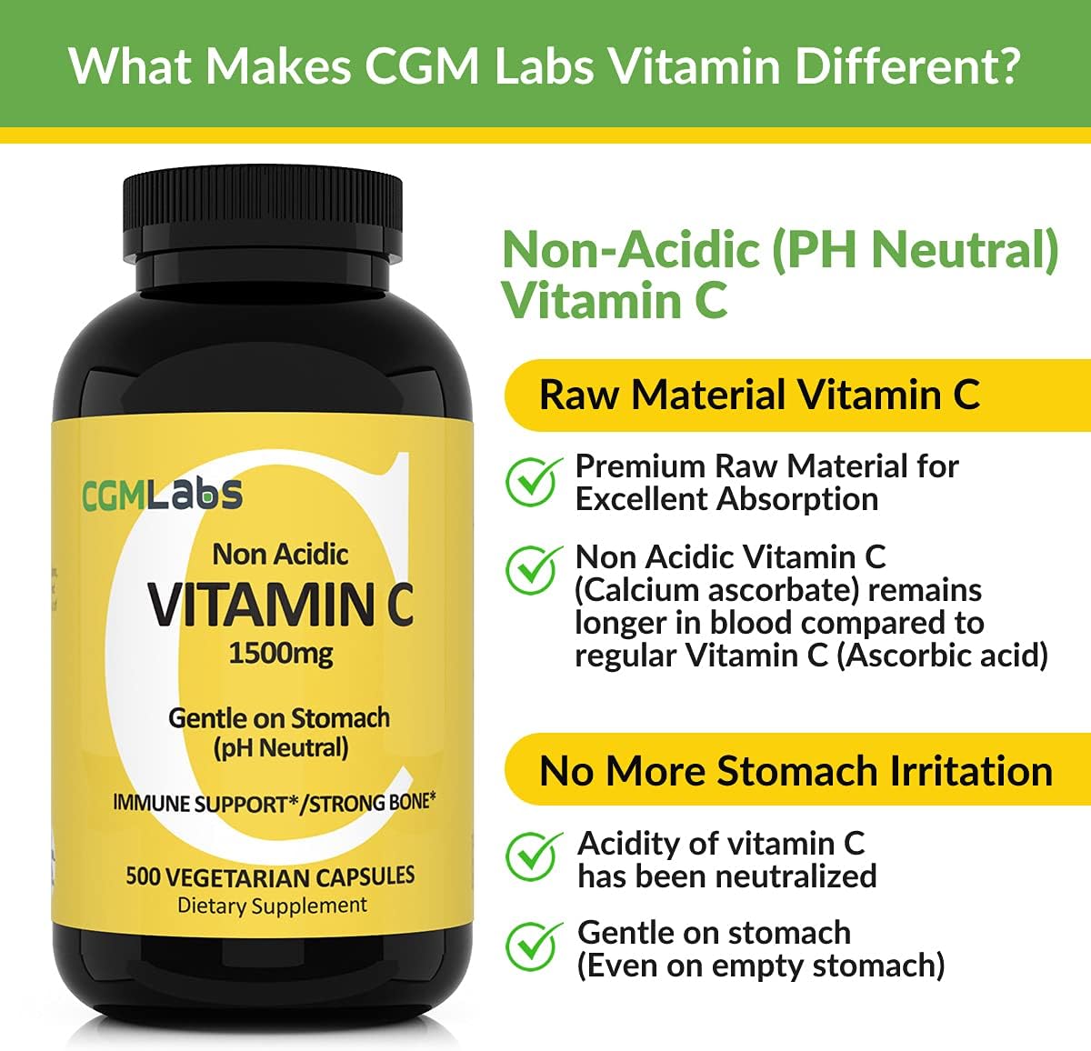 Non Acidic Vitamin C Dietary Supplement 1500mg with Calcium. Gentle on Stomach, Immune/Bone Support (500)