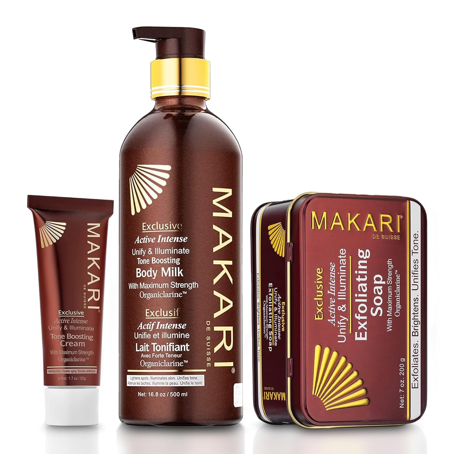 Makari Exclusive Skin Toning 3-Piece Gift Set | Self Care Kit Includes Toning Milk 16.8oz, Toning Cream 1.7oz, Exfoliating Soap 7oz, and Decorative Gift Box | Beauty Gifts for Women and Men