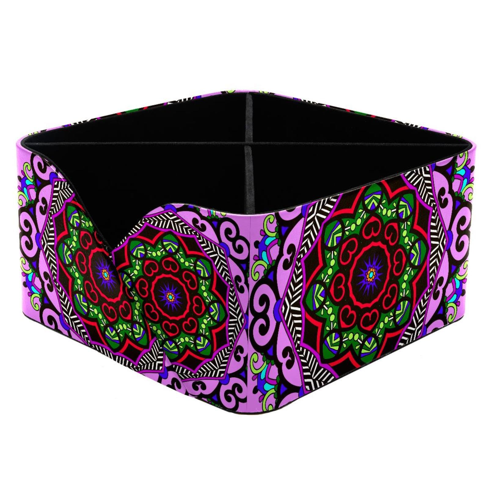 KengjuTesu Vintage Tribal Mandala Flower Circle Purple Pattern Desktop Organizer Pen Holder, Rectangular Pencil Cup for Office, Study and Makeup Stations