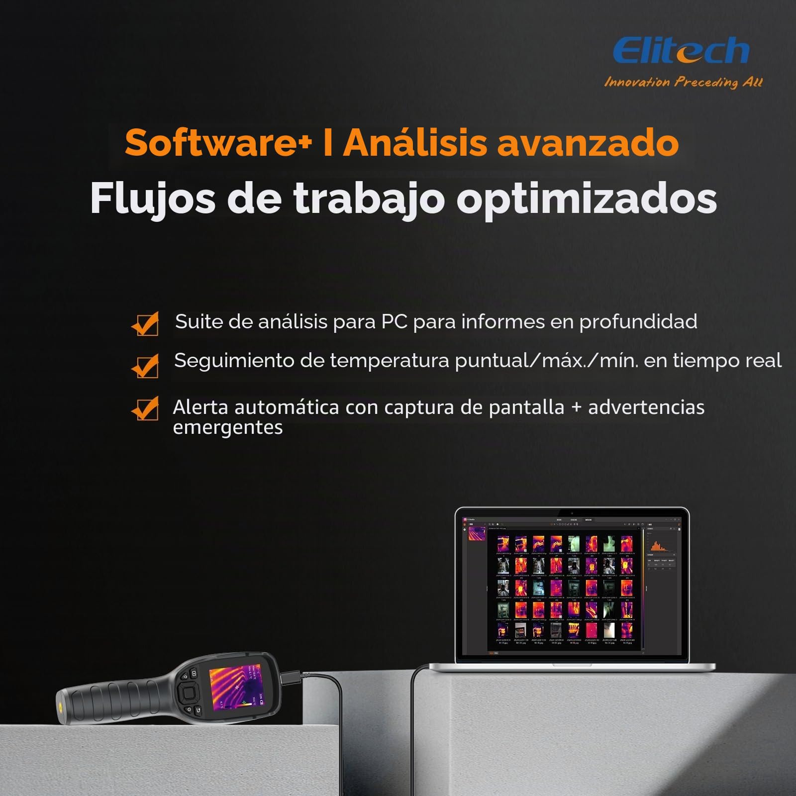 Elitech Cámara Térmica, Resolución IR 256×192, Cámara Visible 2MP, Pantalla LCD de 3,5", Grabación de Vídeo en Tiempo real, Carga USB-C, IP54 para Inspección Eléctrica, HVAC y Construcción TIC-210