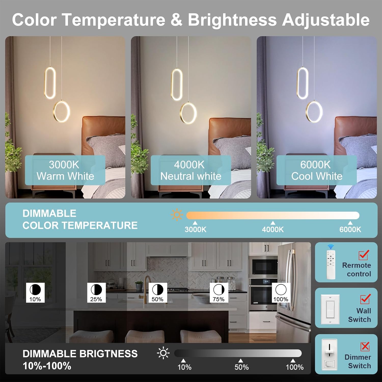 CHYING Gold Modern LED Pendant Light with Remote Control, 2 Ring 24W 3-Color Temp Stepless Dimmable Ceiling Hanging Light for Bedroom Kitchen Island Dining Room Foyer Entryway