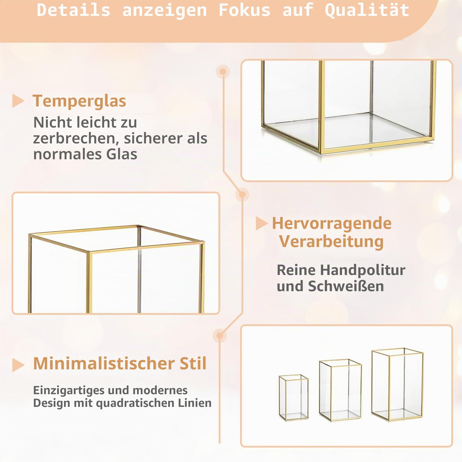 NUPTIO Glas Windlicht Kerzenständer Gold: Stumpenkerzen Kerzenhalter | Set von 6 Gehärtetes Laternen Outdoor für Hochzeit tischdeko Weihnachten Halloween Wohnzimmer Tischplatte Metall